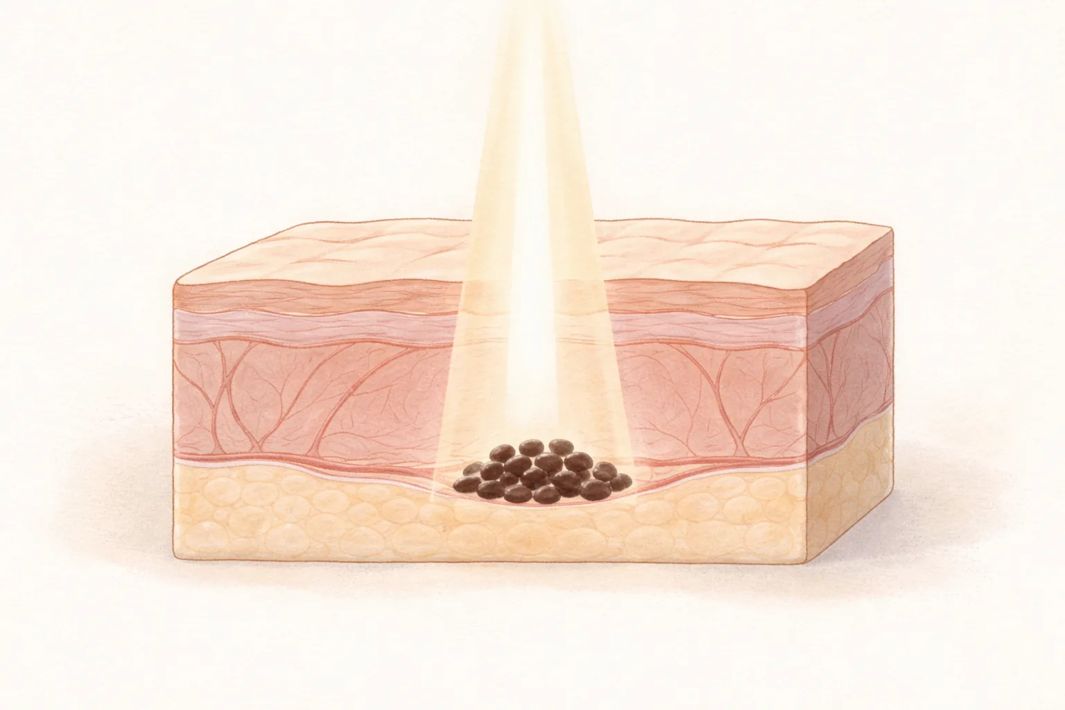 Cross-section of skin showing light passing through the epidermis and being absorbed by pigment in the dermis