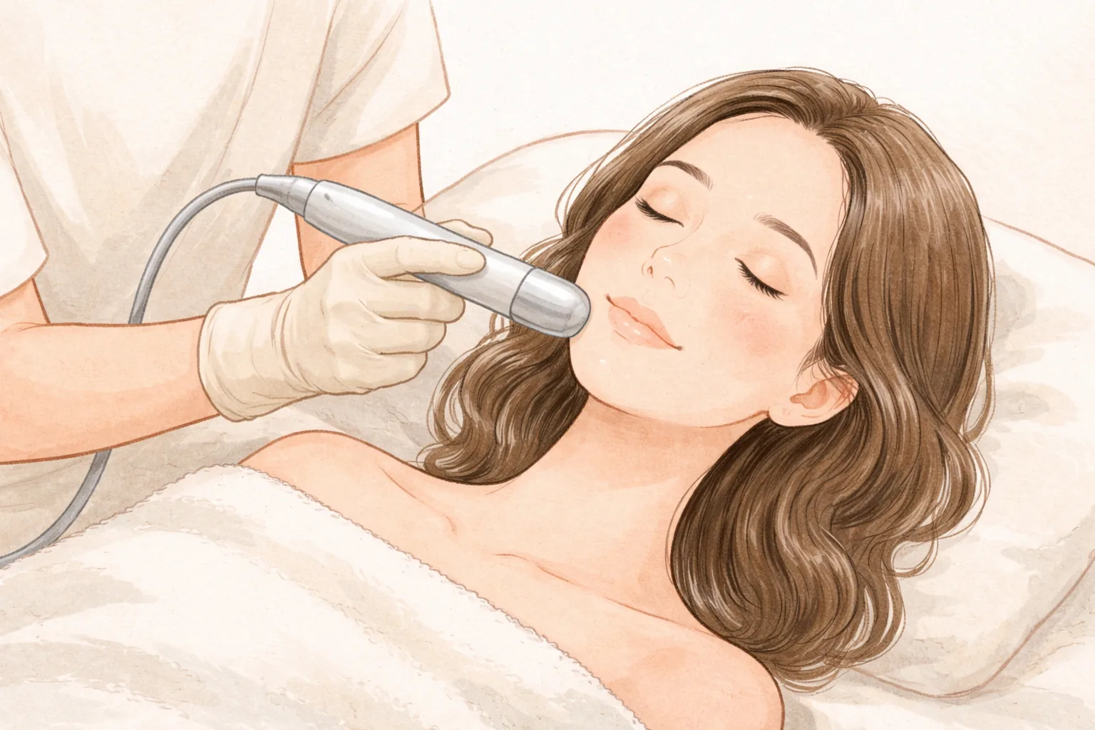 戴手套的醫療人員將療程探頭靠近女性臉頰