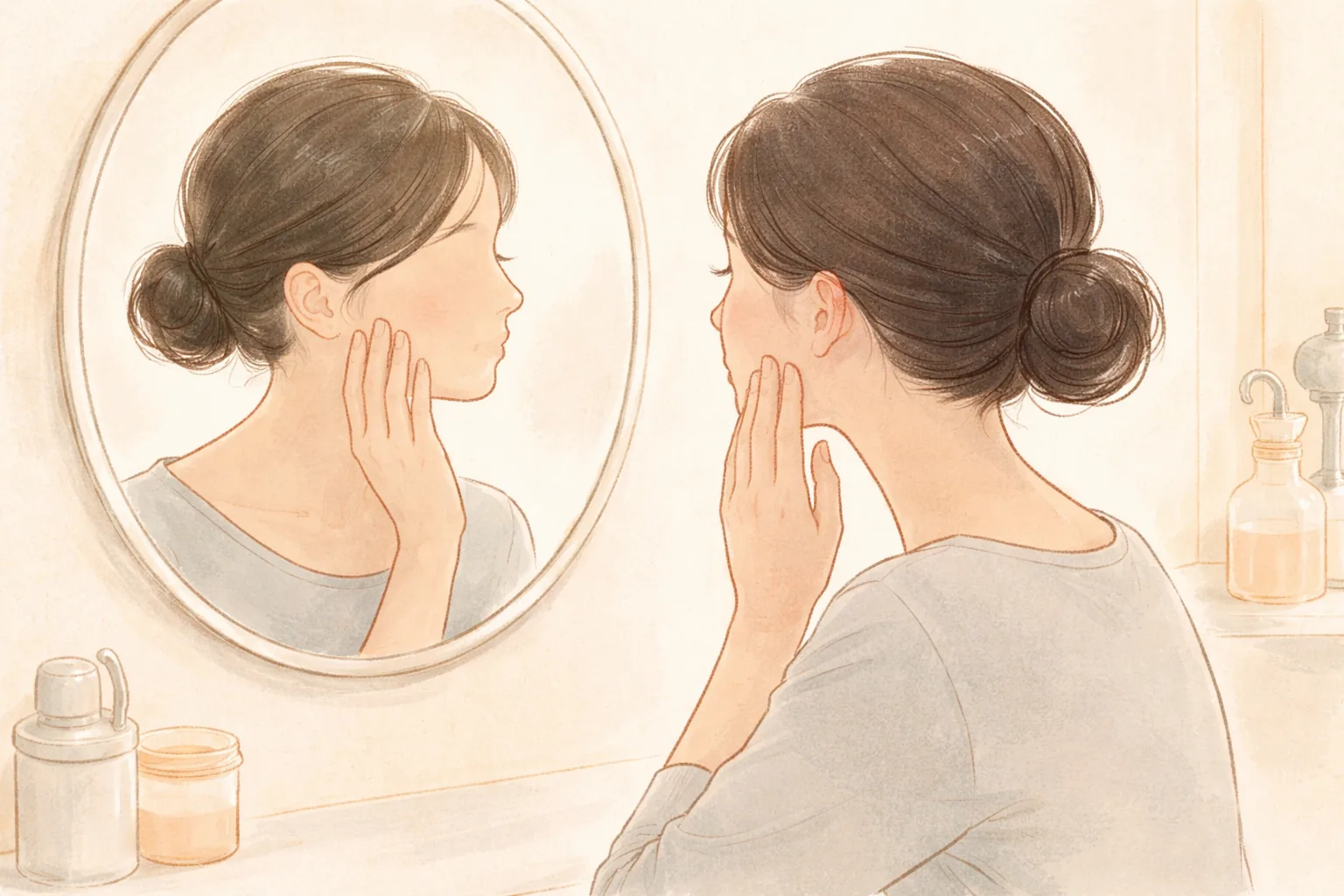 Perfil de una mujer con el cabello recogido de pie frente al espejo tocándose la línea de la mandíbula con la punta de los dedos
