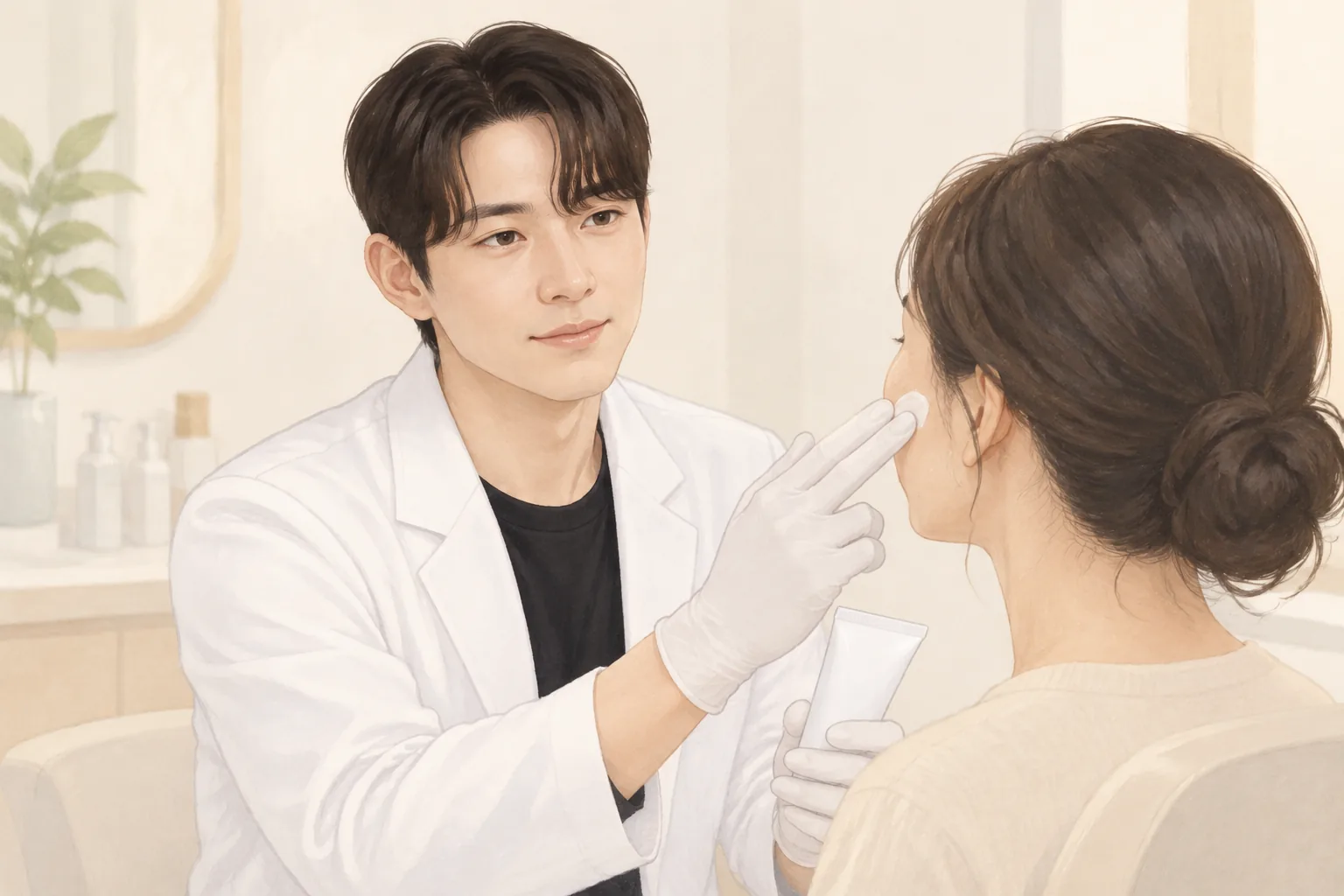 戴手套的男性为女性患者脸颊涂抹防晒霜