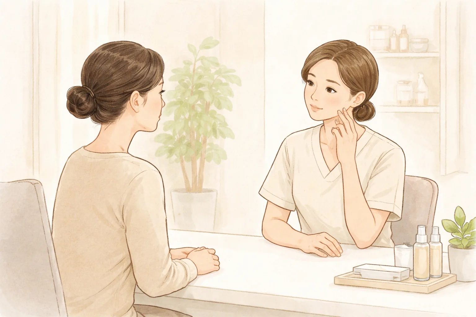 諮詢桌旁醫療人員與女性面對面交談