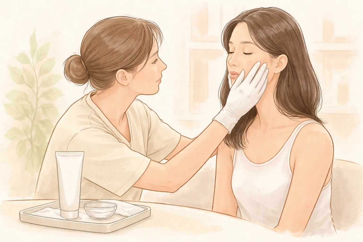 장갑 낀 의료진이 환자의 민감한 볼을 살피고 있음