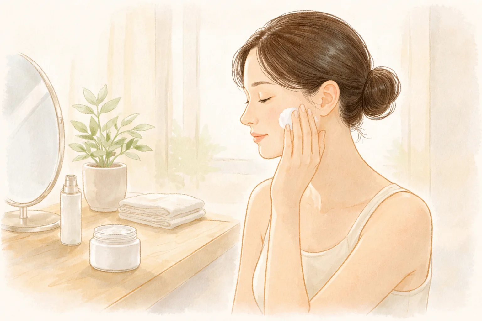 鏡の前の机に化粧品を置き頬に保湿剤を塗る髪をまとめた女性