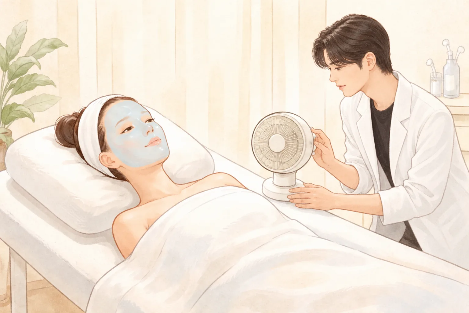 진료 침대에 누워 쿨링 젤 마스크를 한 여성과 선풍기를 조절하는 의료진