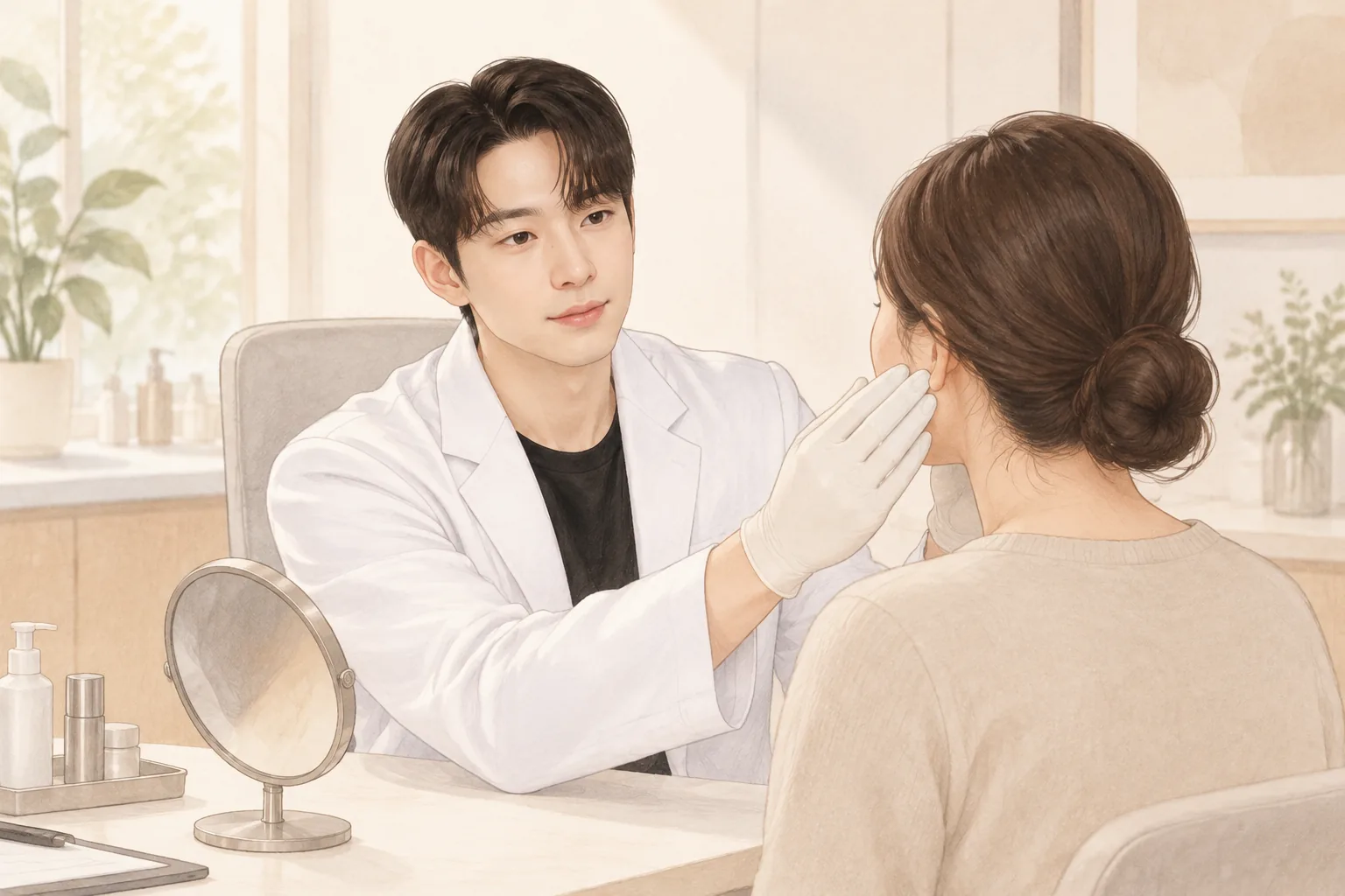 진료실에서 의사가 장갑 낀 손으로 환자 얼굴을 살피는 모습