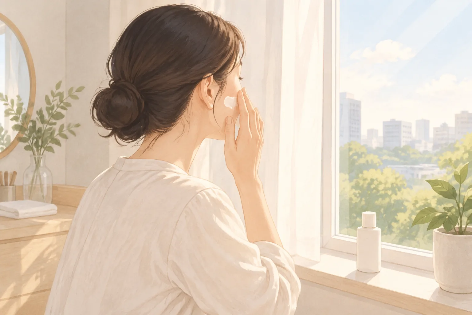 창가에 서서 볼에 크림을 바르는 여성