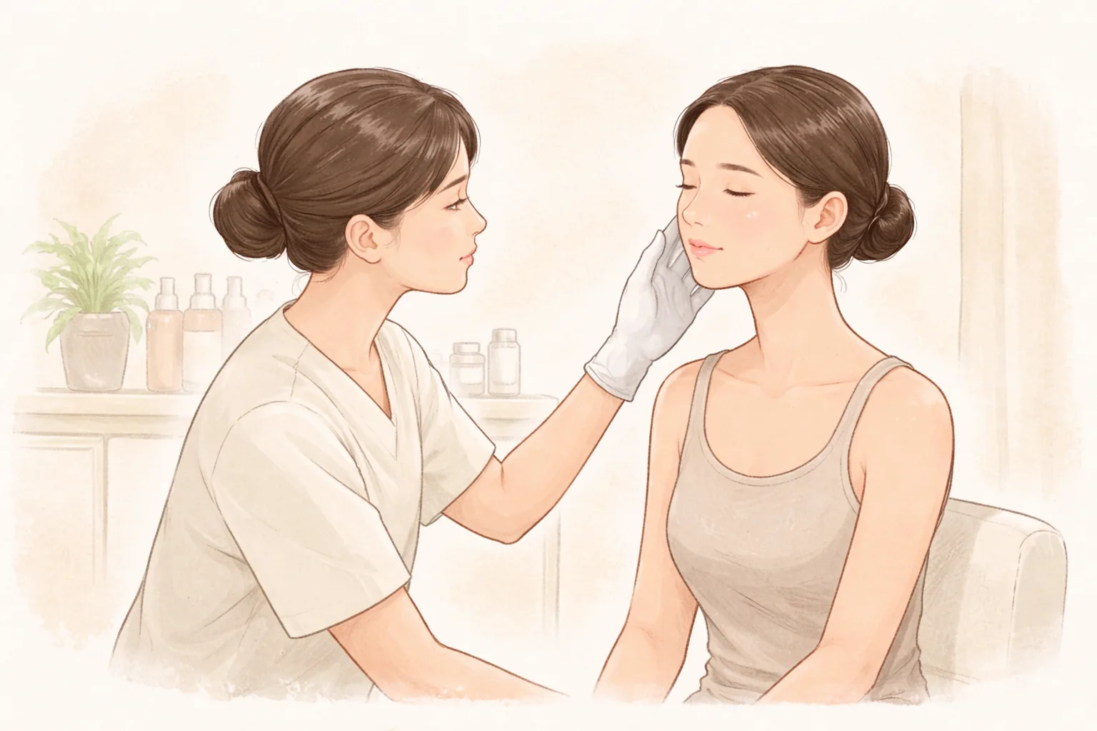 Gloved clinician examining a female patient's cheek