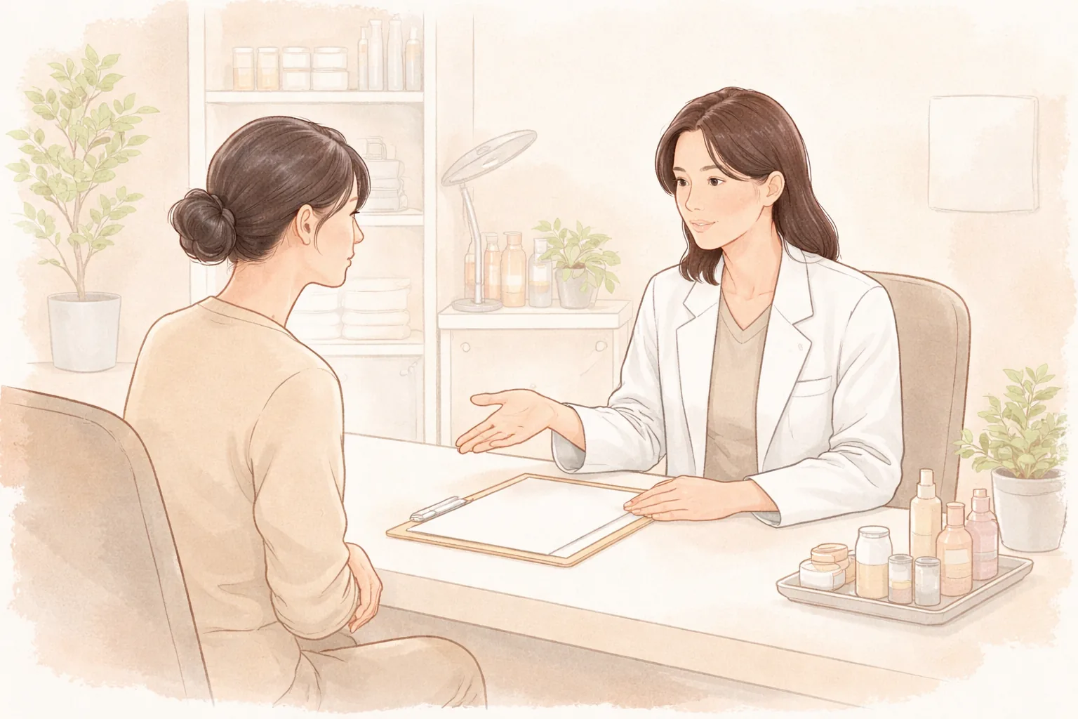 Dos mujeres conversando con el médico sentadas frente a un escritorio con productos de cuidado de la piel