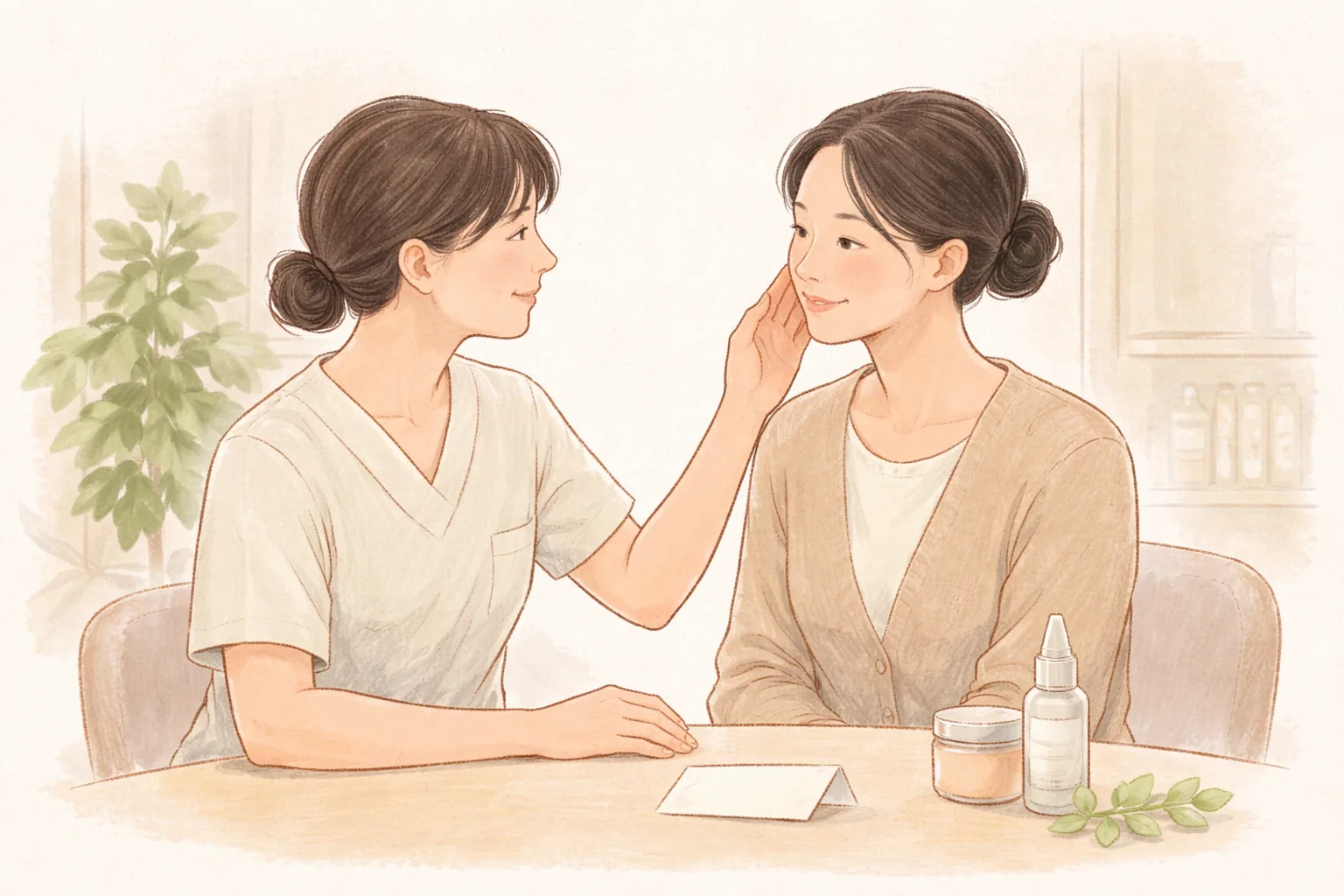 Personal médico tocando la mejilla de una paciente mientras conversan, con envases de cosméticos sobre la mesa