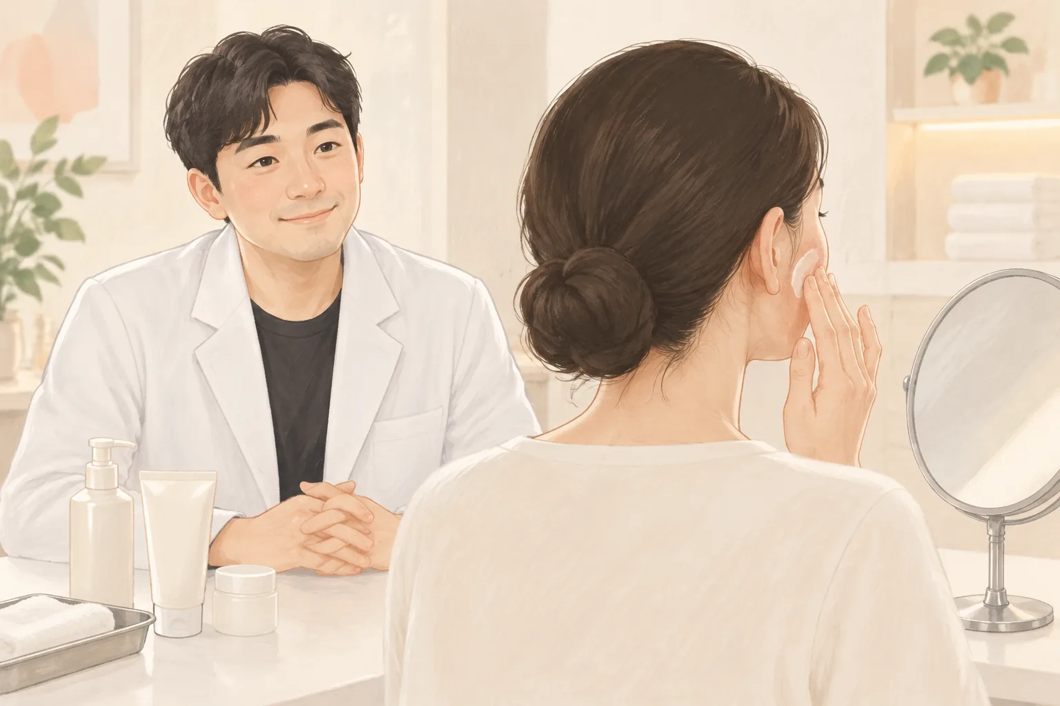 환자가 손끝으로 볼에 보습제를 바르고 있고 의사가 옆에서 미소 짓고 있음