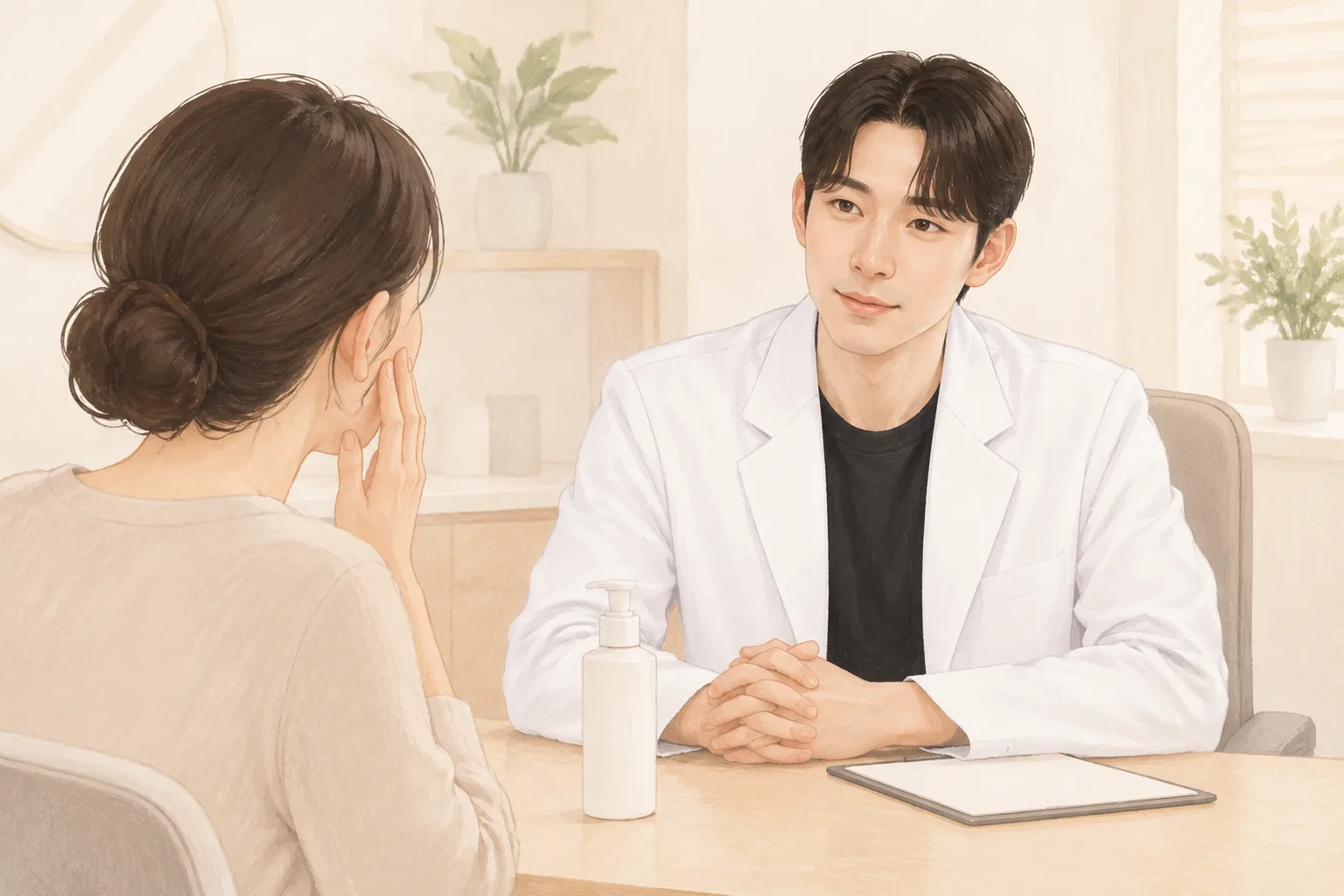 一名男性穿白大褂坐着，一名女性摸着脸颊交谈