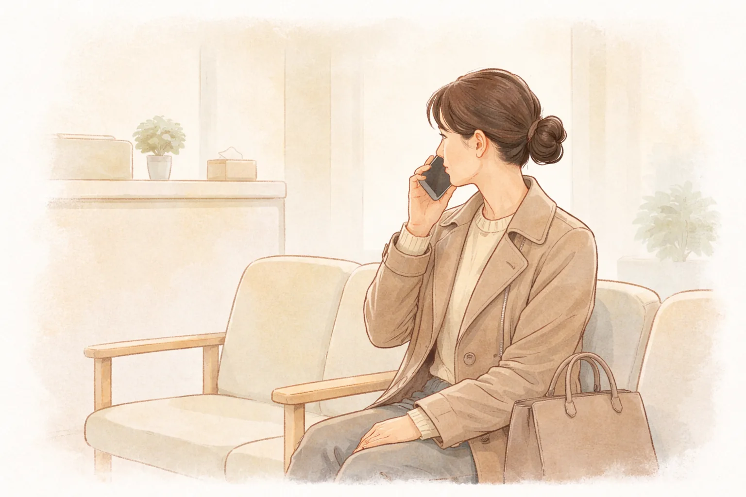 坐在候診室椅子上講電話的棕髮女性,旁邊放著包包