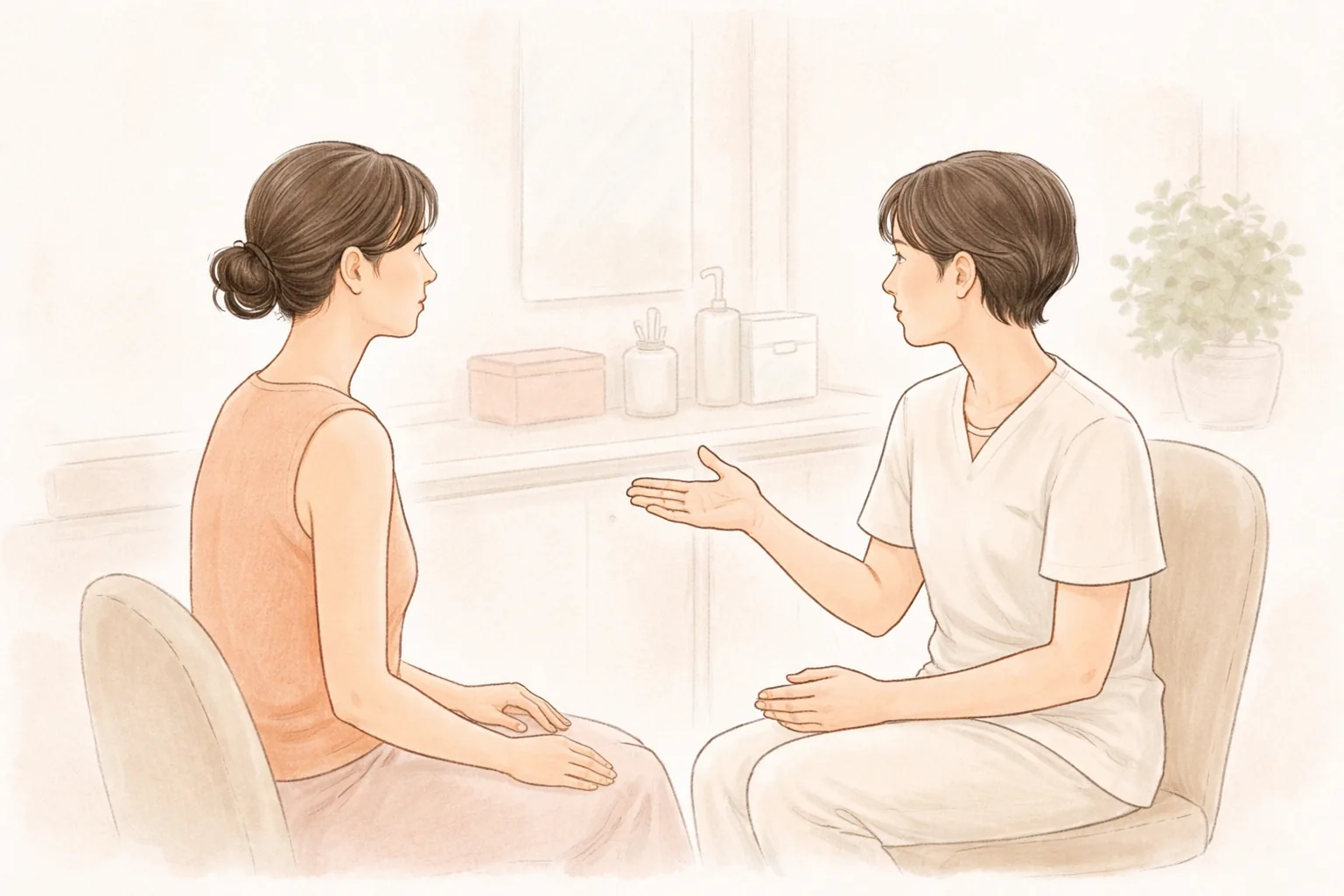 医療スタッフと女性がカウンセリング室で向かい合って話す様子