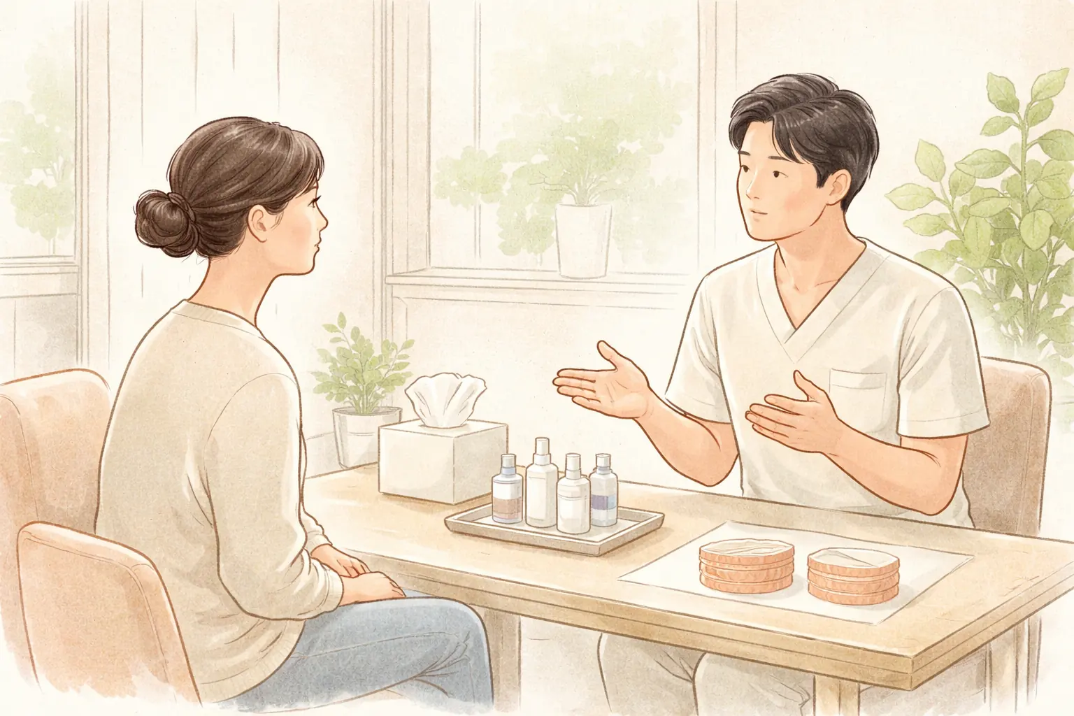 明亮的咨询室中,男女隔着桌子坐着用手势交谈