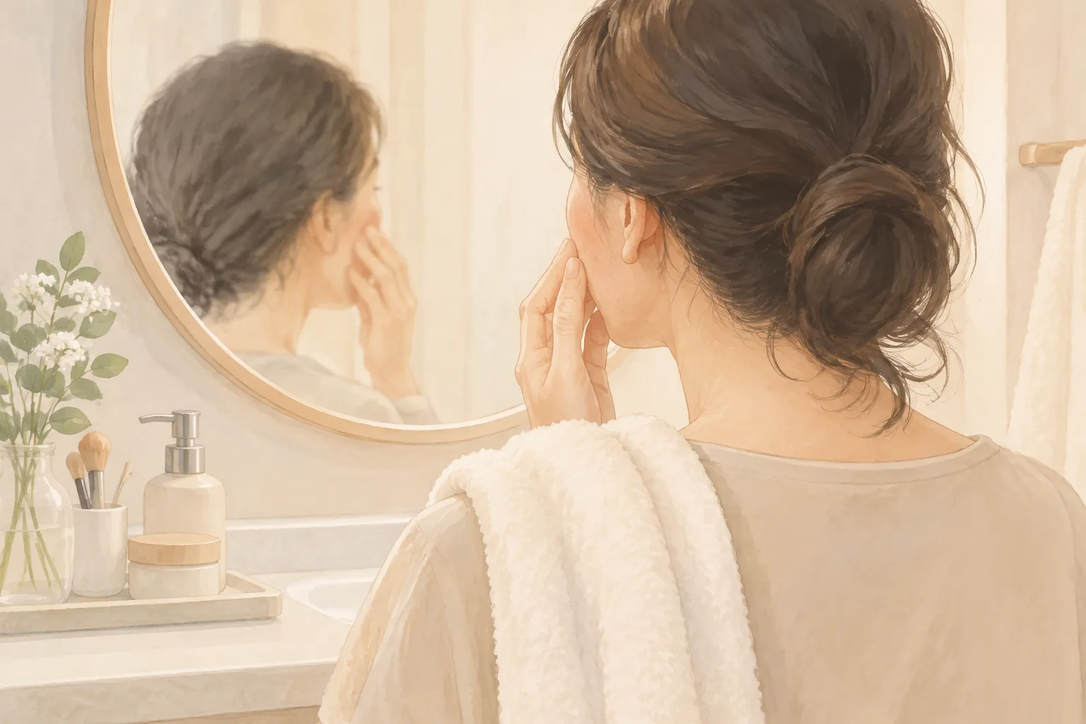 鏡の前で顔を指先で触る女性、肩にタオルがかかっている