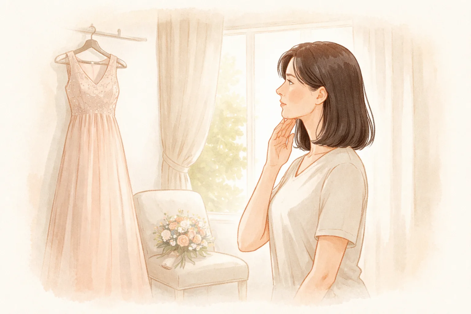 드레스와 꽃다발 옆에서 볼을 만지는 여성
