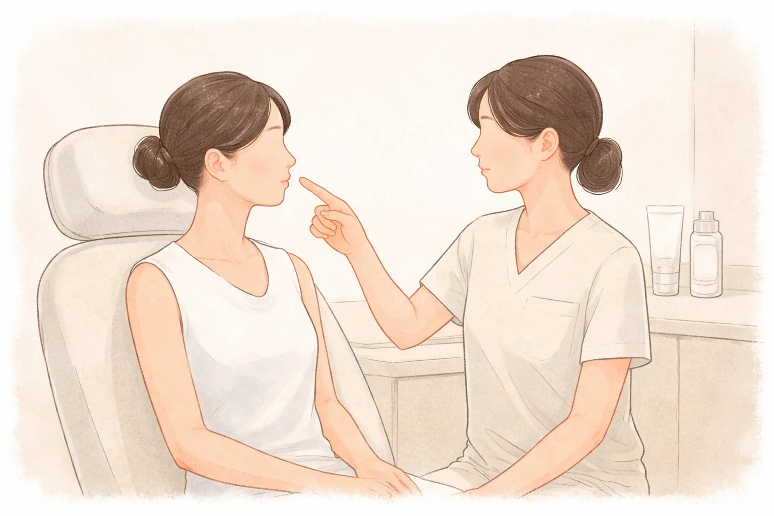 의료진이 앉아 있는 여성의 볼을 가리키며 설명하는 장면