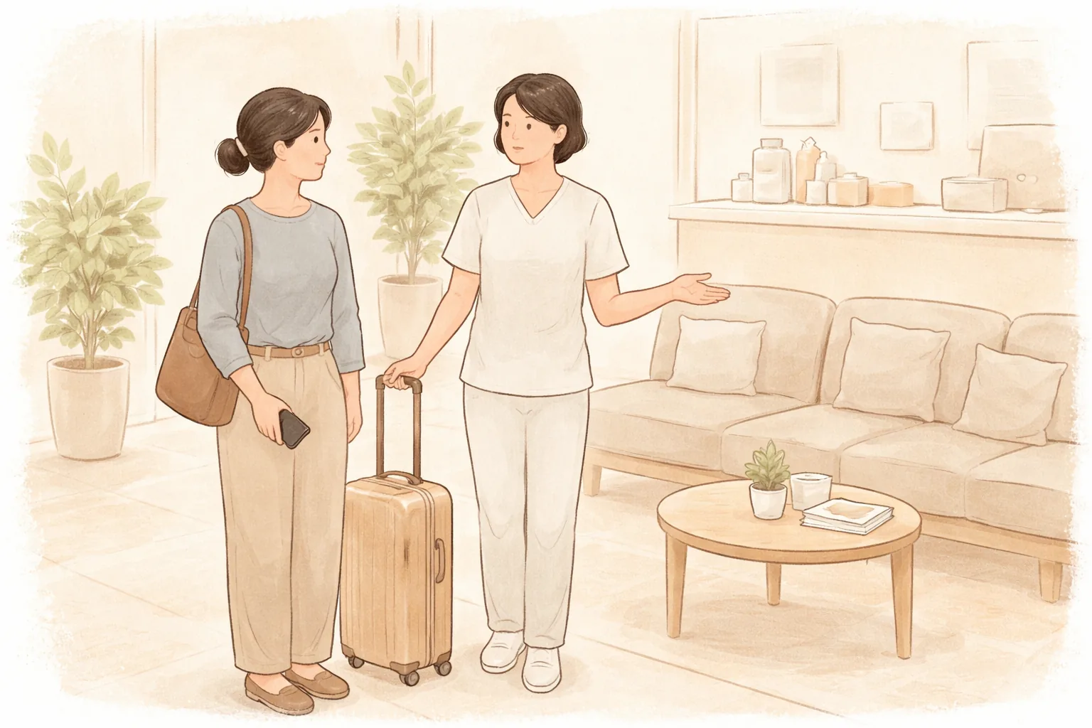 Dos mujeres conversando junto a una maleta en una sala con sofá, mesa y planta
