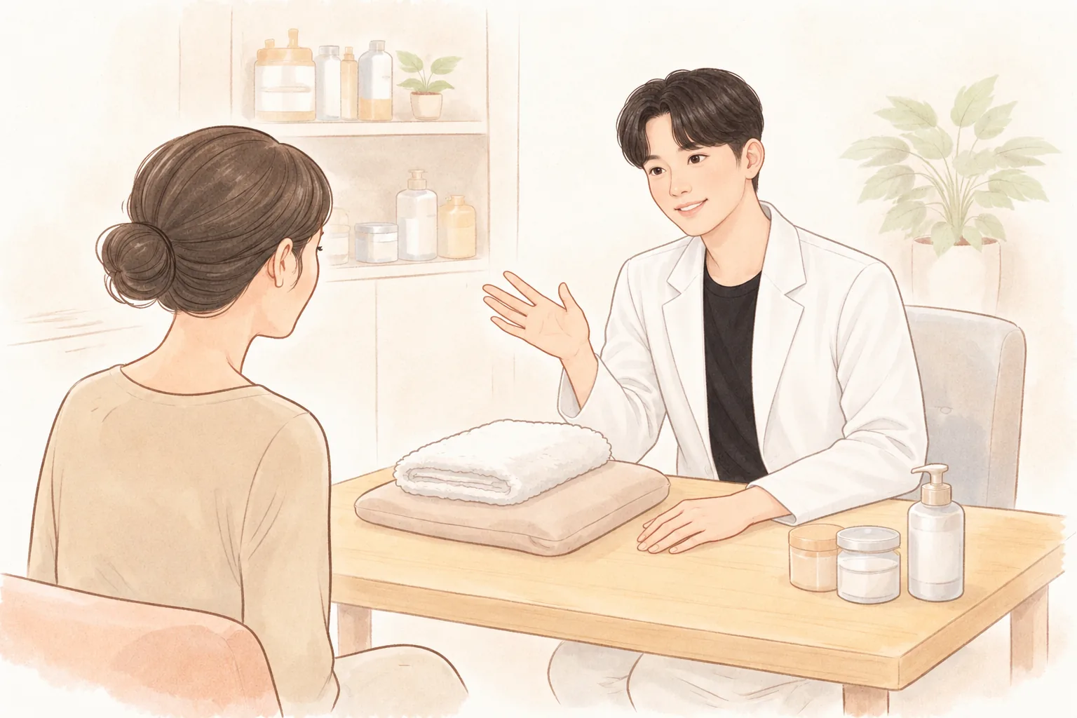A patient and a doctor sitting across a desk and talking