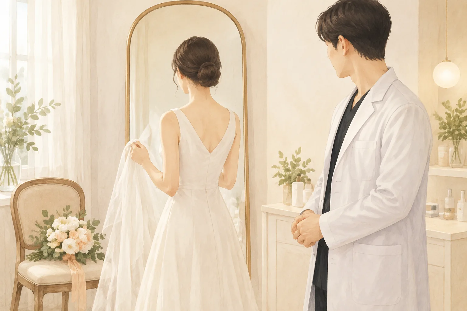 거울 앞에서 흰 드레스를 들고 서 있는 여성과 남성 의사