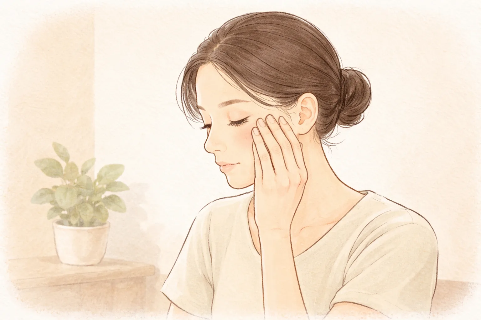 綁起頭髮的女性以指尖輕柔按摩眼周