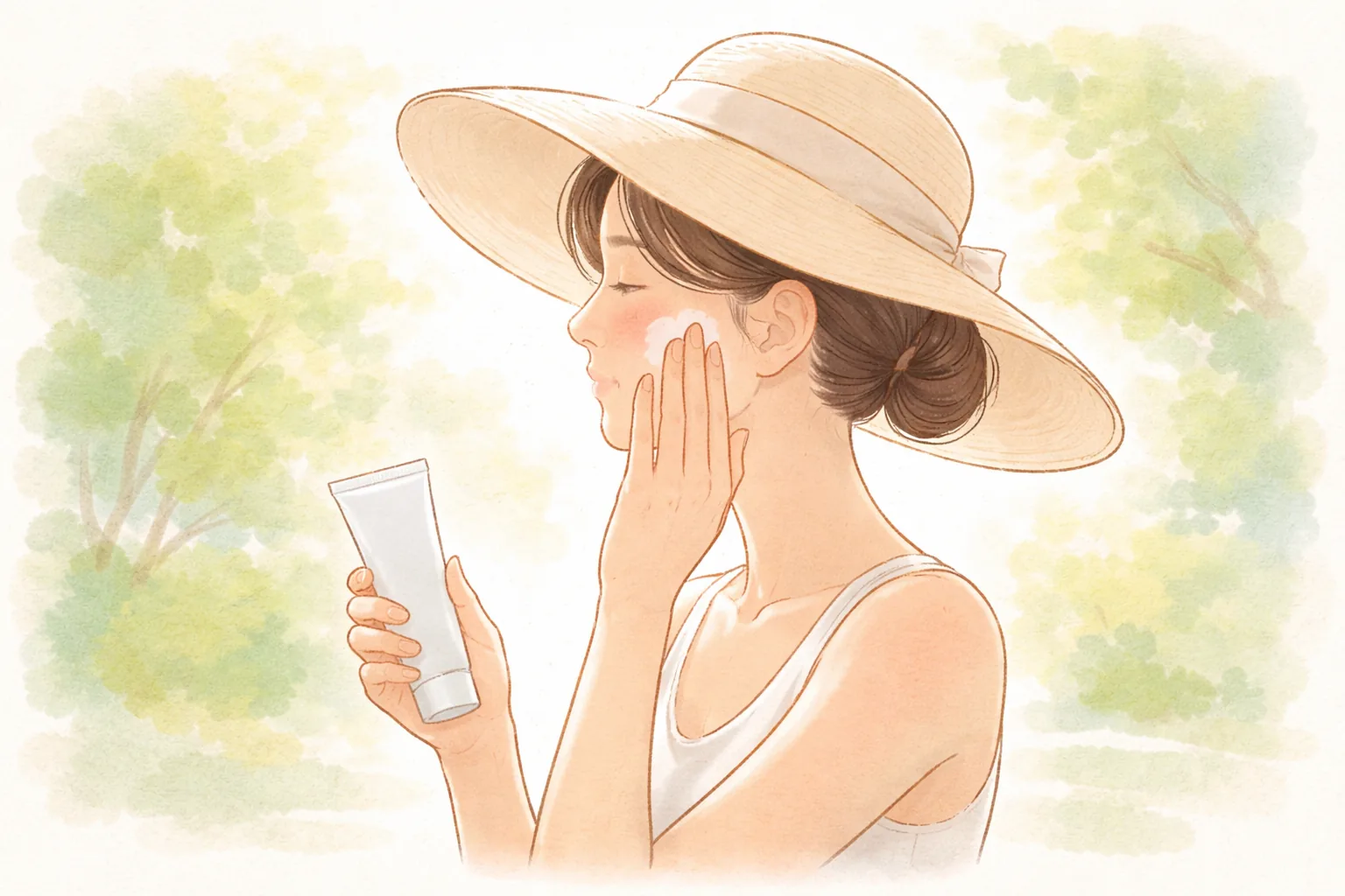 Woman in a wide-brimmed hat outdoors applying cream to her cheek from a tube