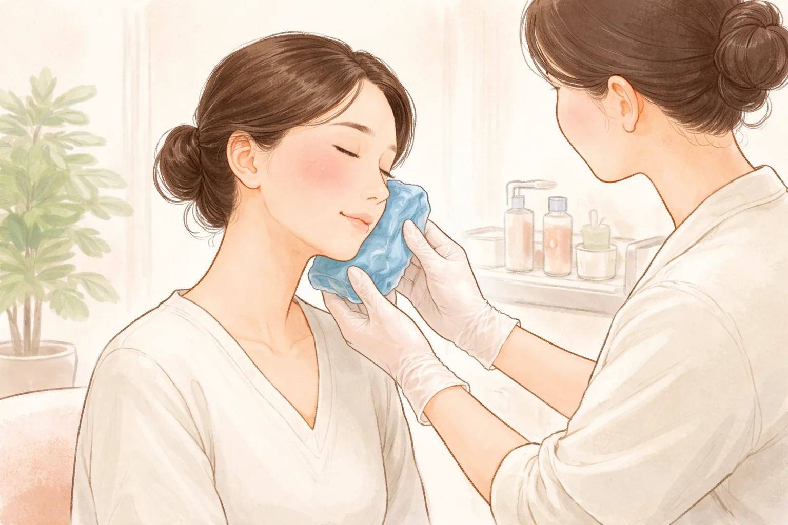 女性が目を閉じている状態で医療スタッフが冷却パックを頬に当てている