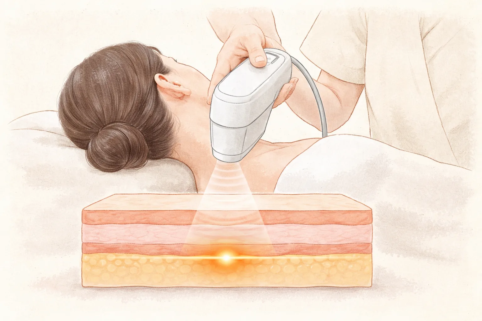 Tenaga medis menunjukkan titik panas pada penampang kulit leher dengan perangkat ultrasound