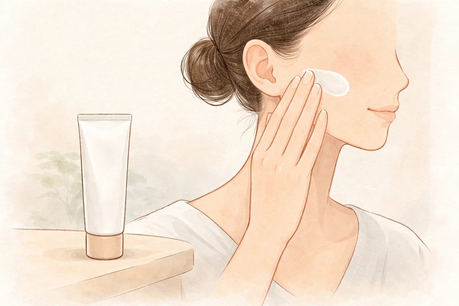 女性が頬に保湿剤を指先で塗っている様子