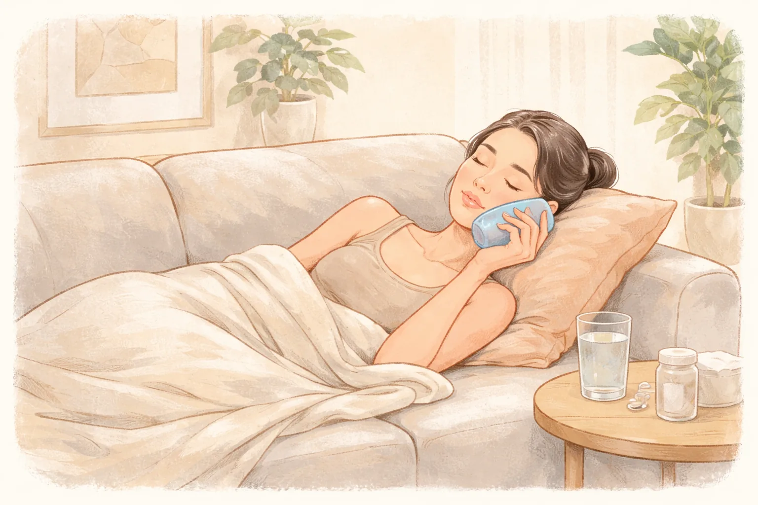 女性躺在沙發上靠著枕頭,臉頰敷著凝膠面膜休息