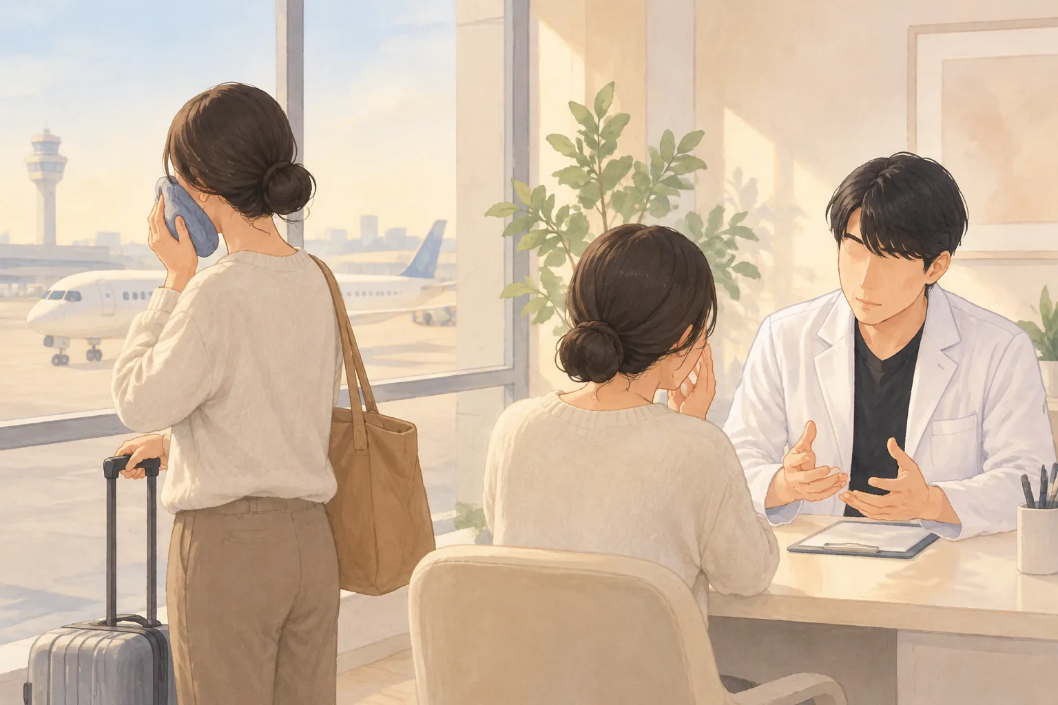 A woman icing her face by the window with a travel bag nearby, consulting with a male doctor