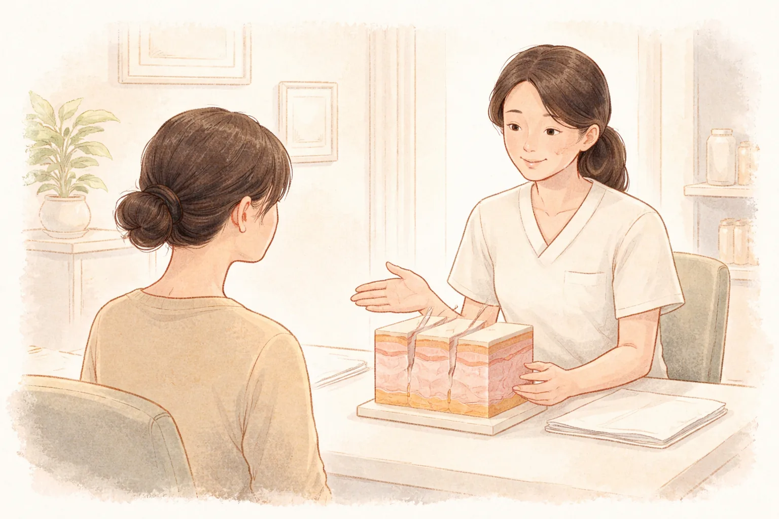 Doctor and female patient seated across from each other reviewing a skin model during consultation