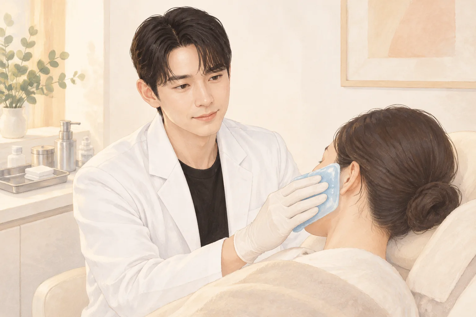 장갑을 낀 의료진이 환자의 볼에 차가운 젤을 대고 있음