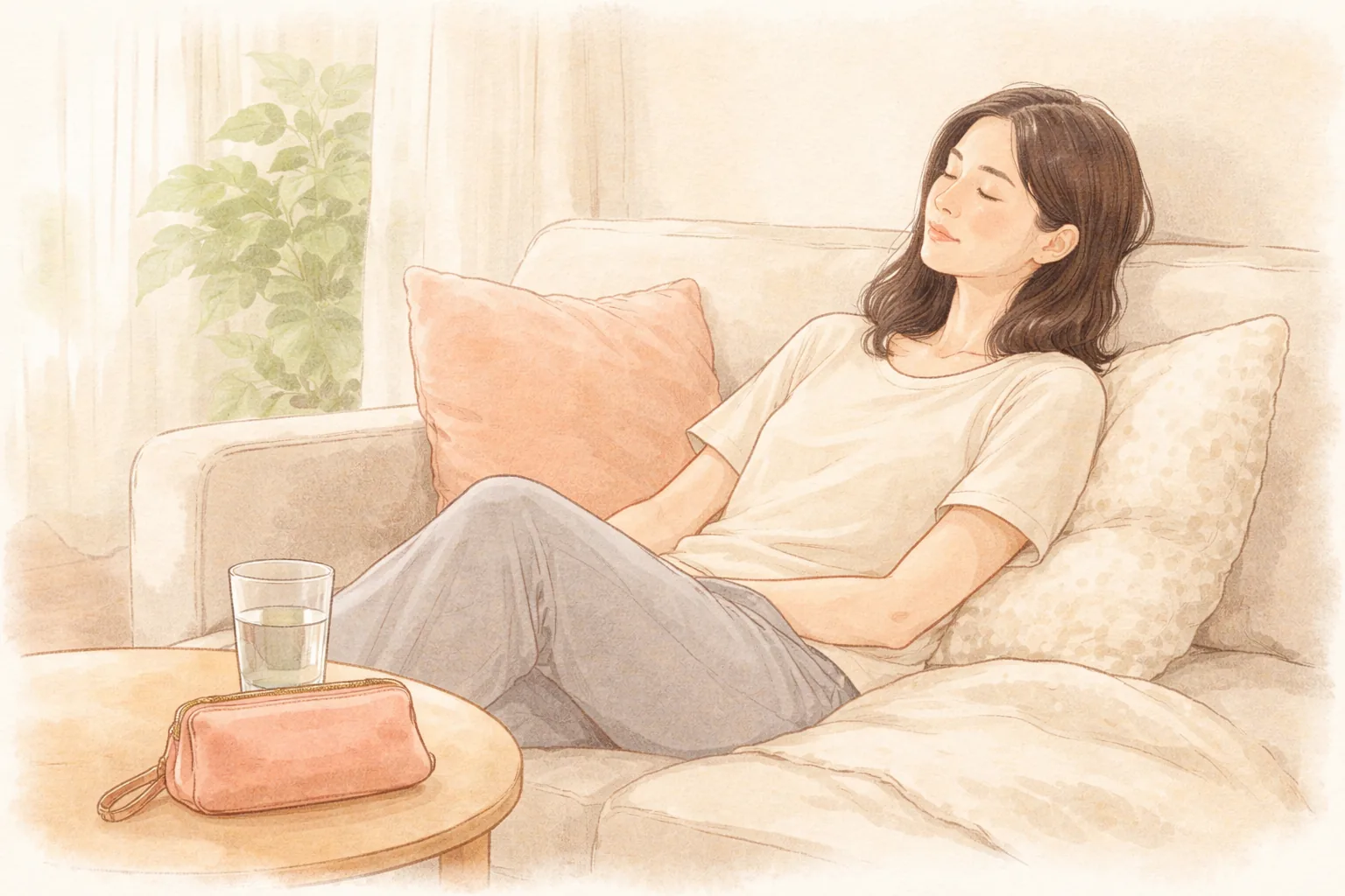 女性靠在沙发上闭眼休息,旁边小桌上有水杯和化妆包