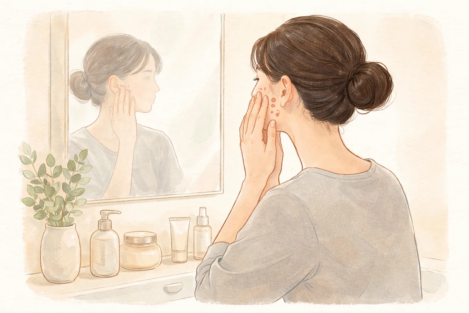 Mujer con el cabello recogido masajeando su mejilla frente al espejo junto a envases de cosméticos