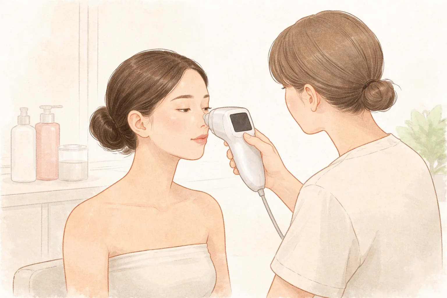 肌分析カメラで女性の顔を検査する医療スタッフと検査を受ける女性