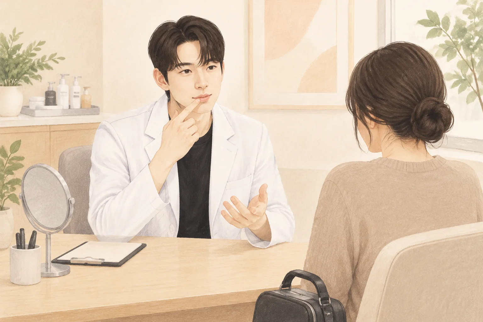 A doctor pointing to the mouth area while explaining to a patient sitting across a desk
