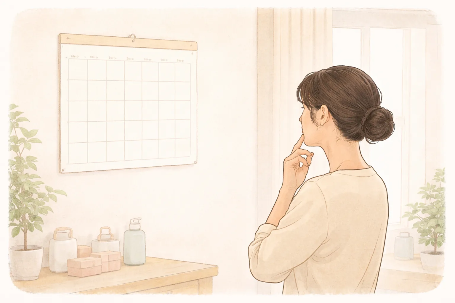 壁にかかった白紙のカレンダーを見ながら考える女性