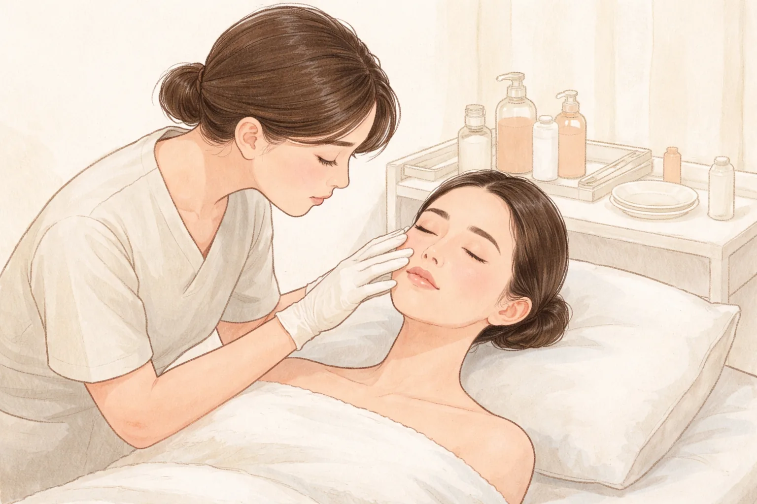 Tenaga medis bersarung memeriksa pipi wanita yang berbaring