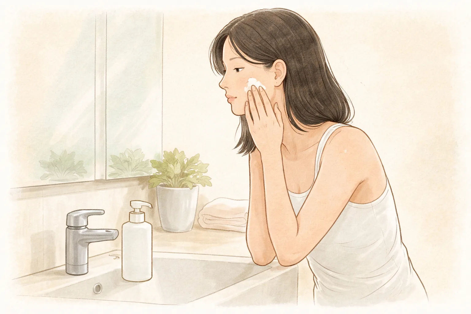 Woman using a cotton pad on her face in front of a sink