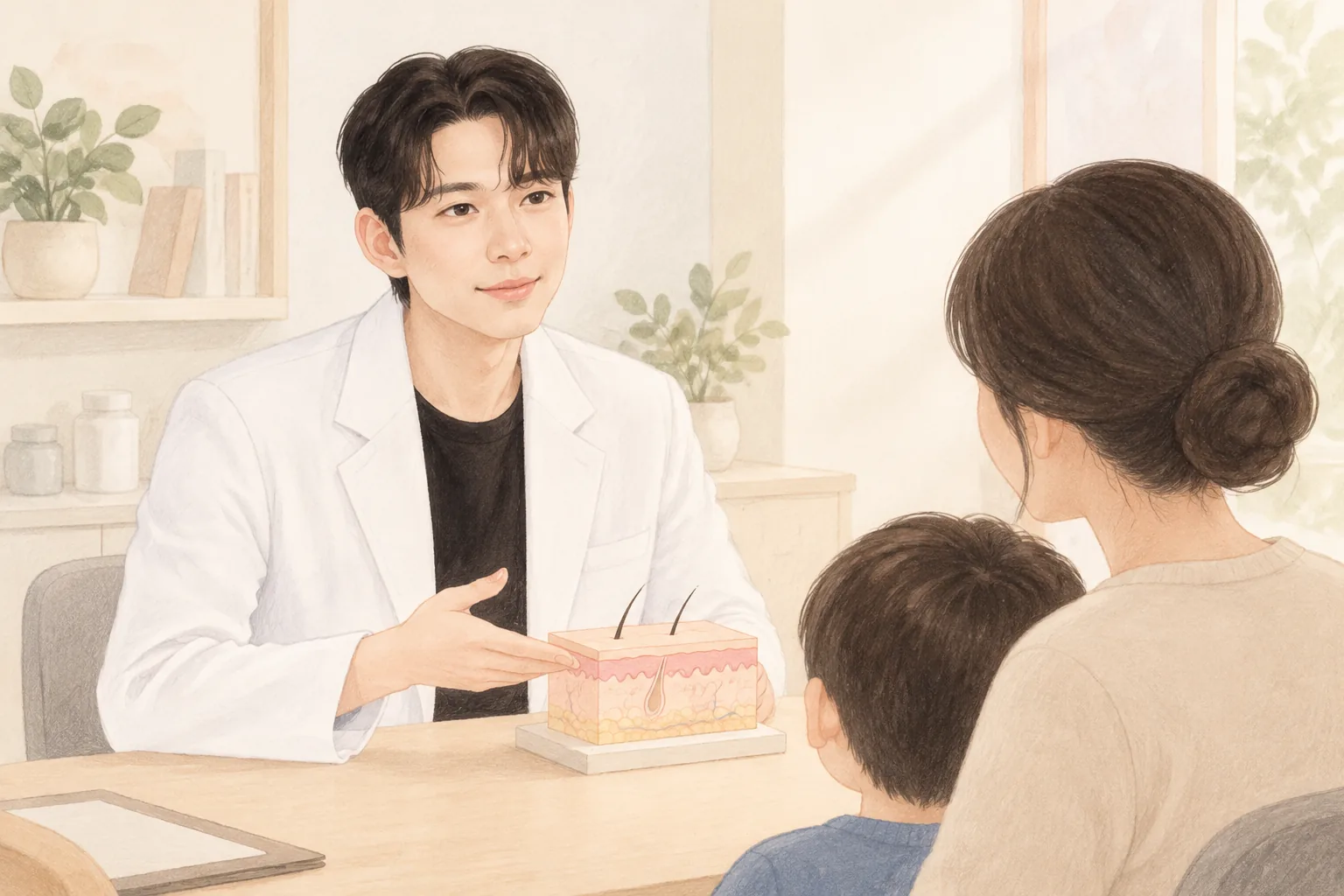 A male doctor points at a skin cross-section model while a child and a woman sit facing him in a clinic