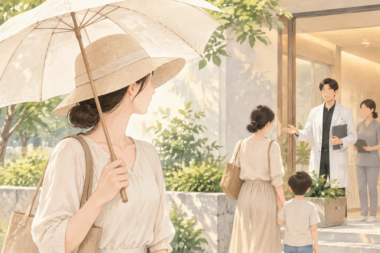 A woman in a wide-brimmed hat under a parasol talks with a doctor, woman and child at a doorway