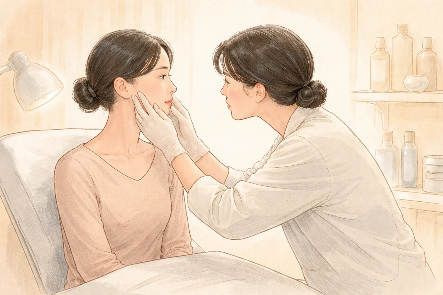 의료진이 시술실에서 환자의 볼을 살펴보고 있음