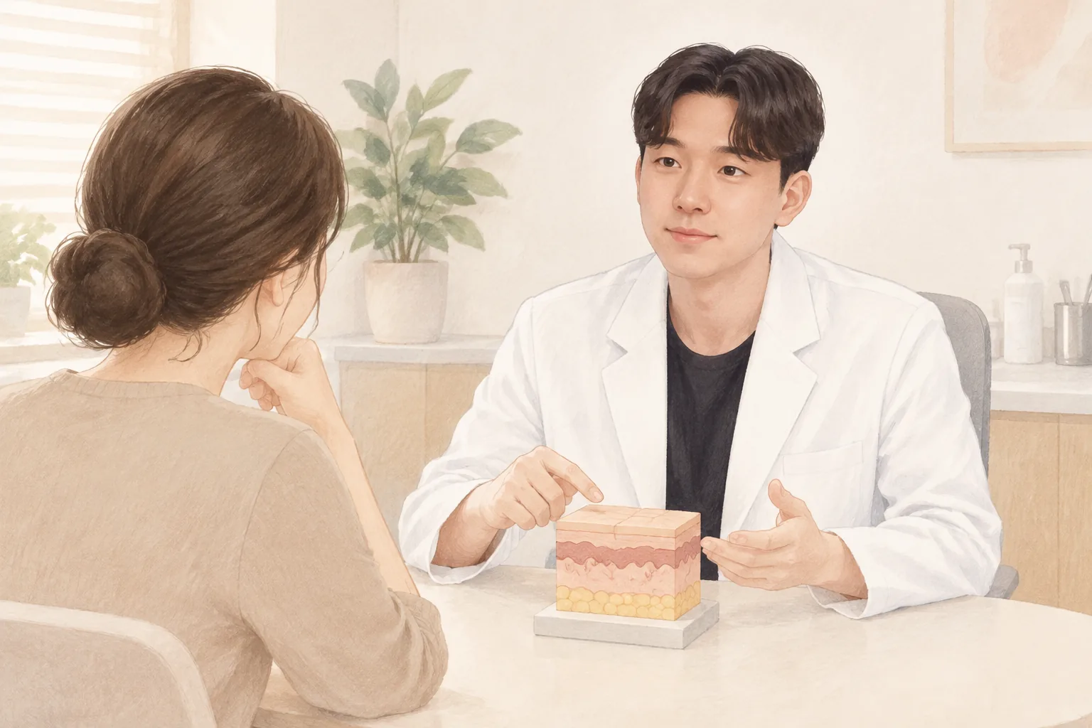 피부 단면 모형을 가리키며 설명하는 남자 의사와 그 이야기를 듣는 여자 환자
