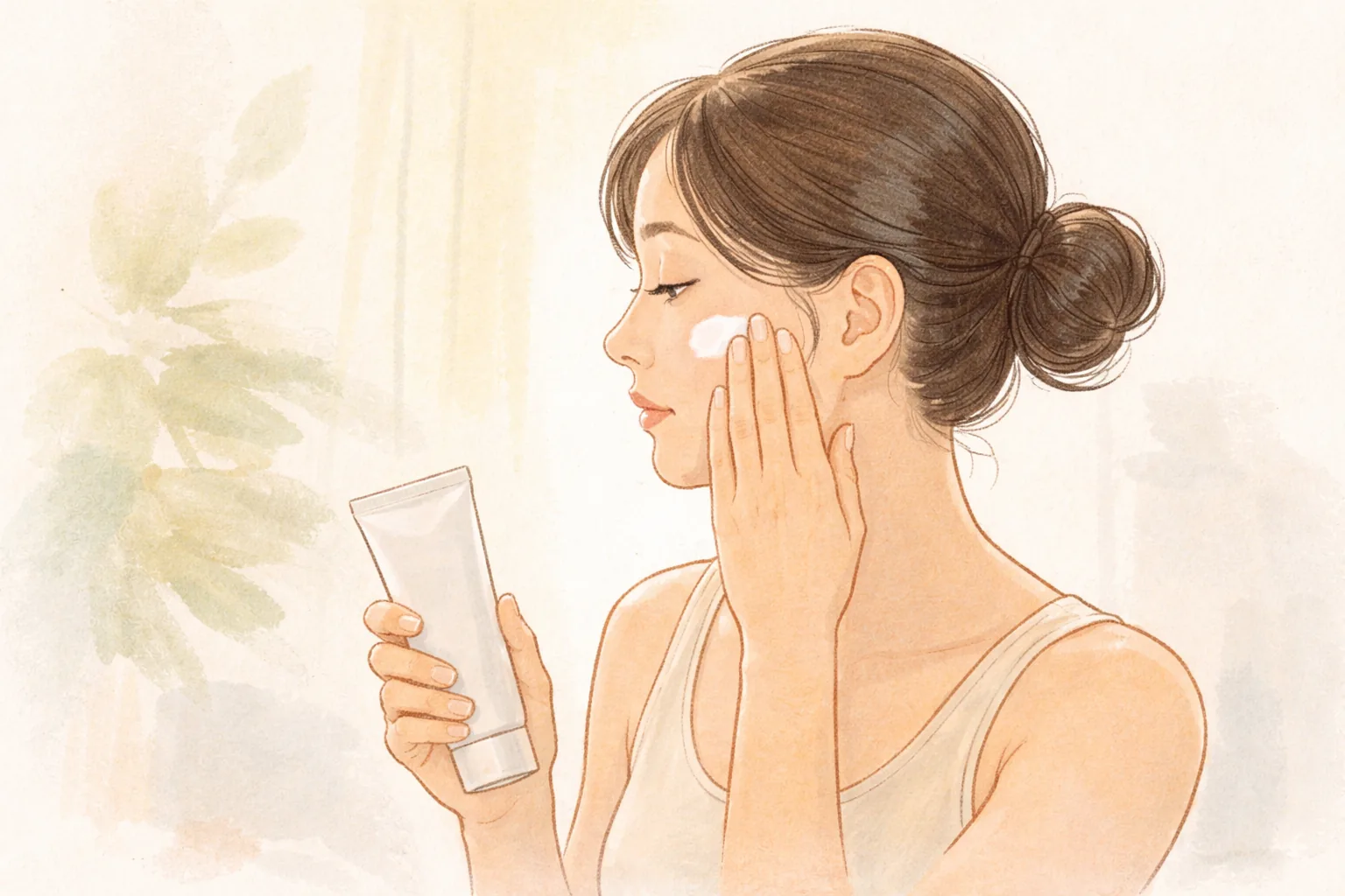 Woman holding a tube in one hand and applying it to her cheek with the other