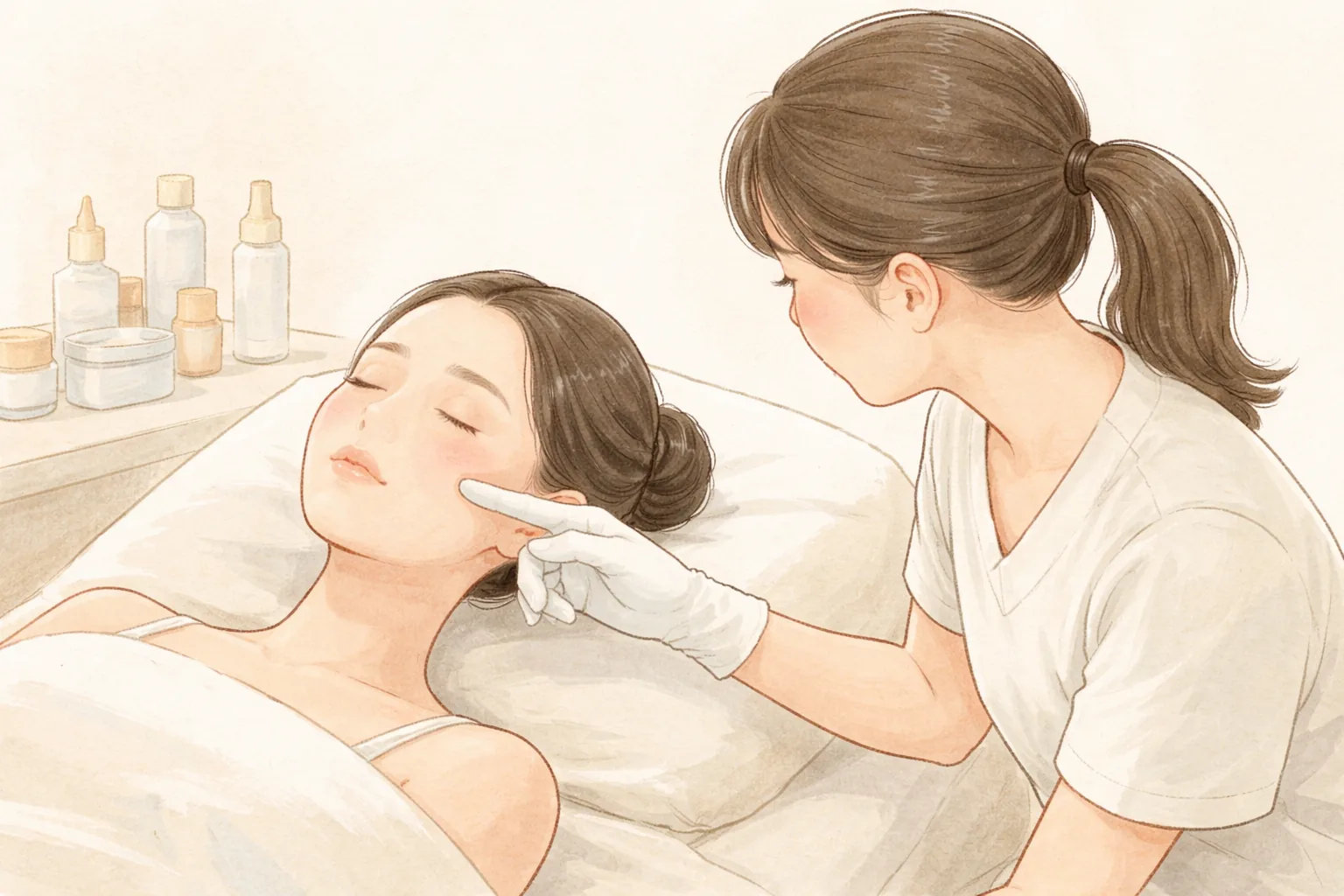ベッドに横たわる女性の顔を、手袋をした医療スタッフが指で確認している様子