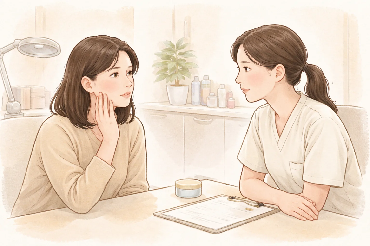 女患者在咨询室里摸着脸颊与医务人员交谈