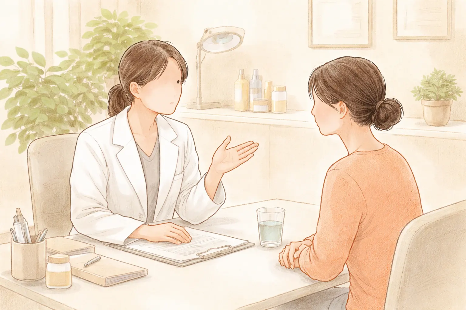 カウンセリング室で白いガウンを着た女性とオレンジの服の女性が向かい合って話す様子