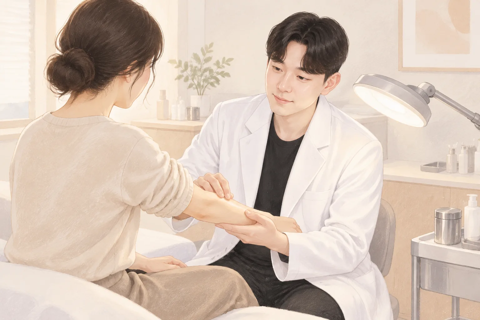 의사가 환자의 팔 피부 상태를 살피는 모습