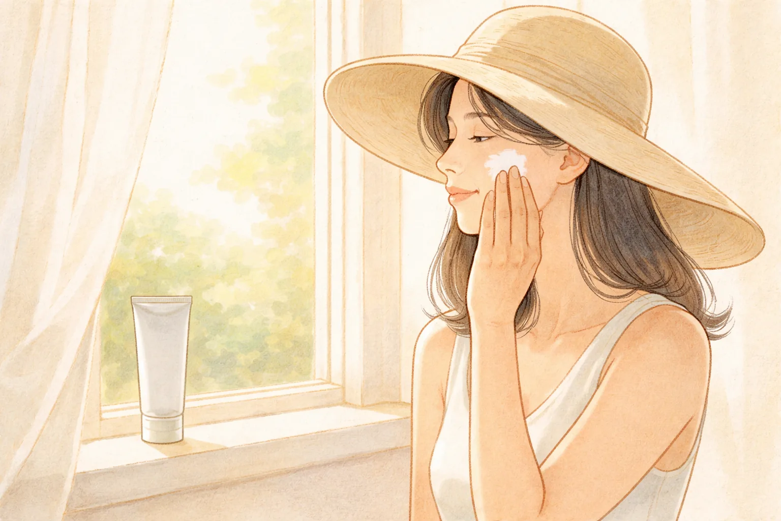 Woman applying cream to her cheek by a window with a tube on the sill